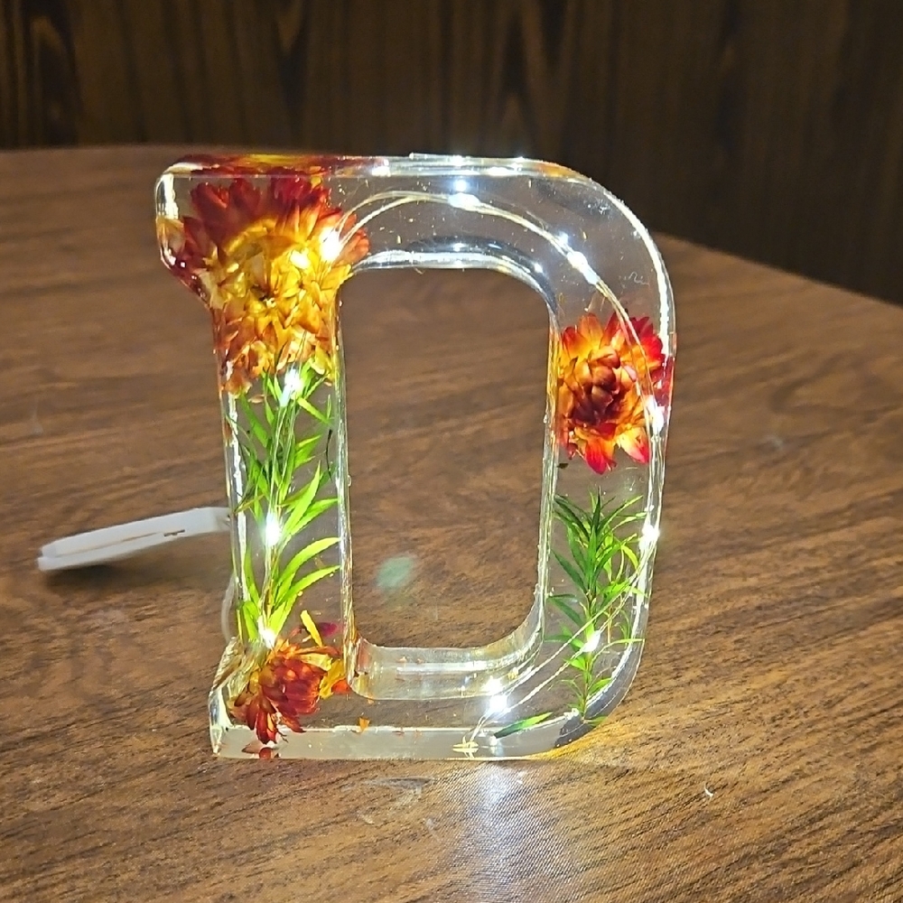 Floral Resin NIB clear Initial D night light with Pressed Flowers